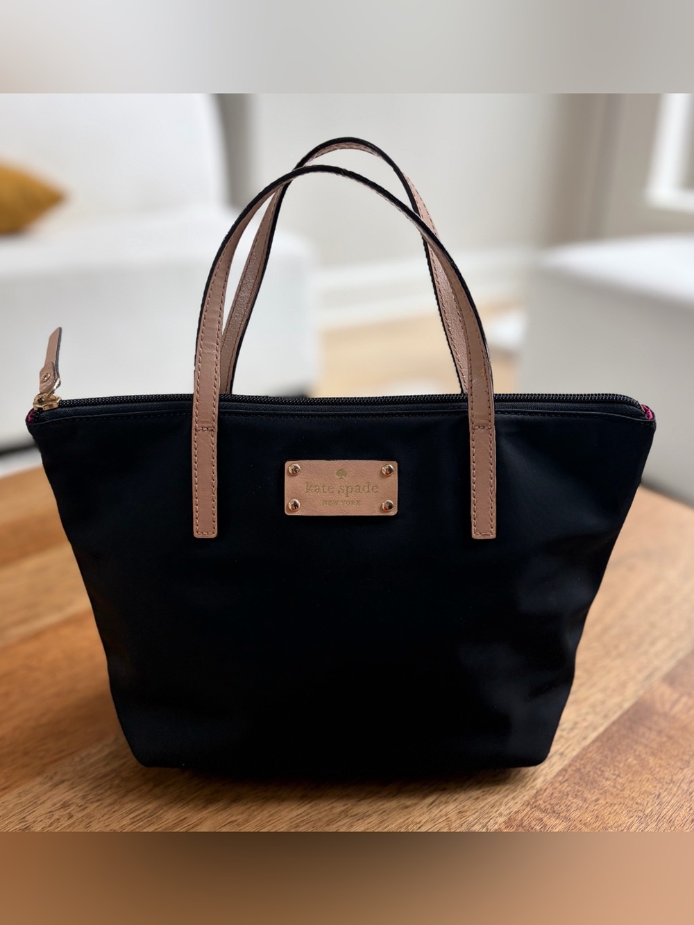 Kate Spade New York Black Nylon Small Tote Bag Pink Lining Tan Handles Zip Top
